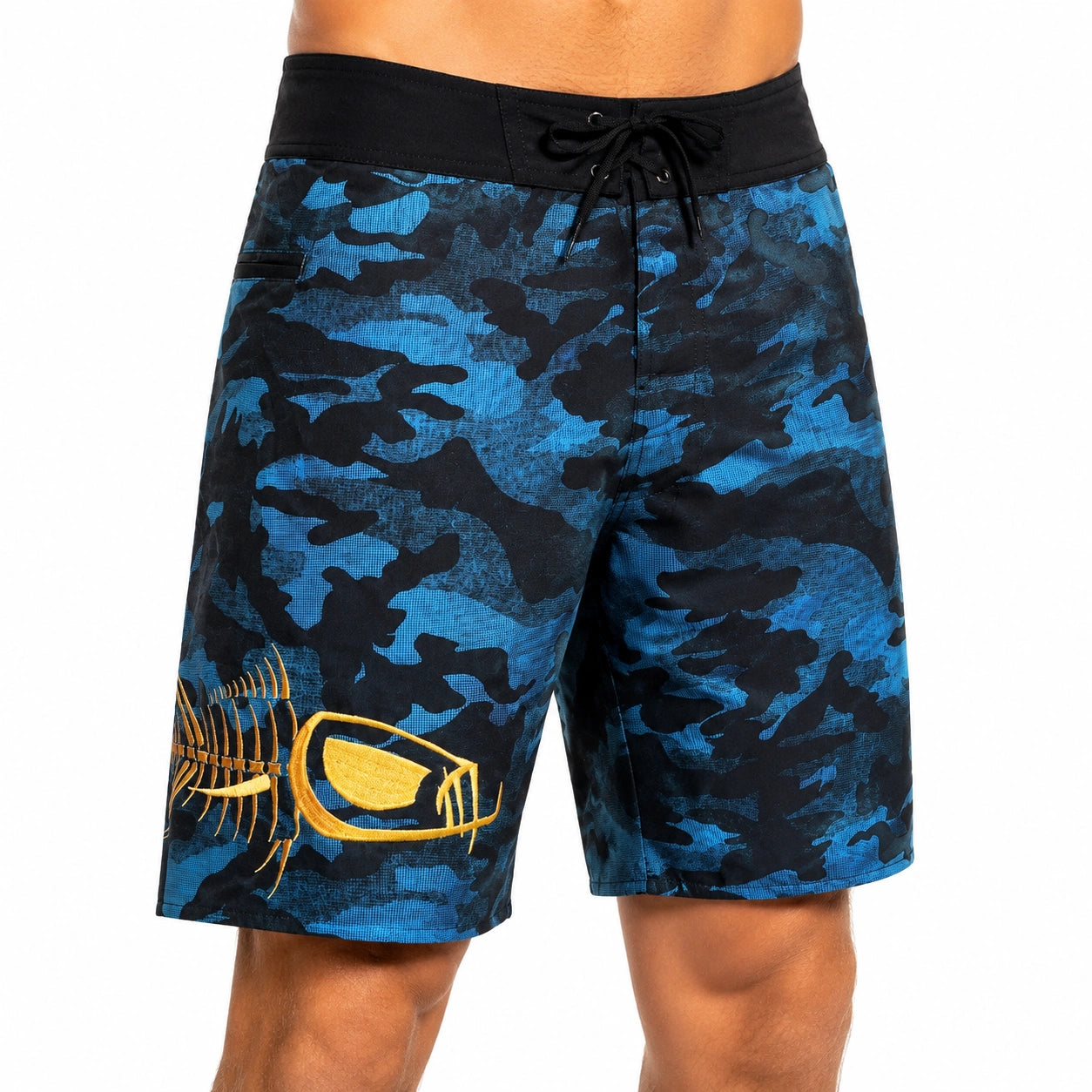 Herren Badehose Größe M aus Textil in Blau Schwarz mit Camouflage Muster und Kordelzug