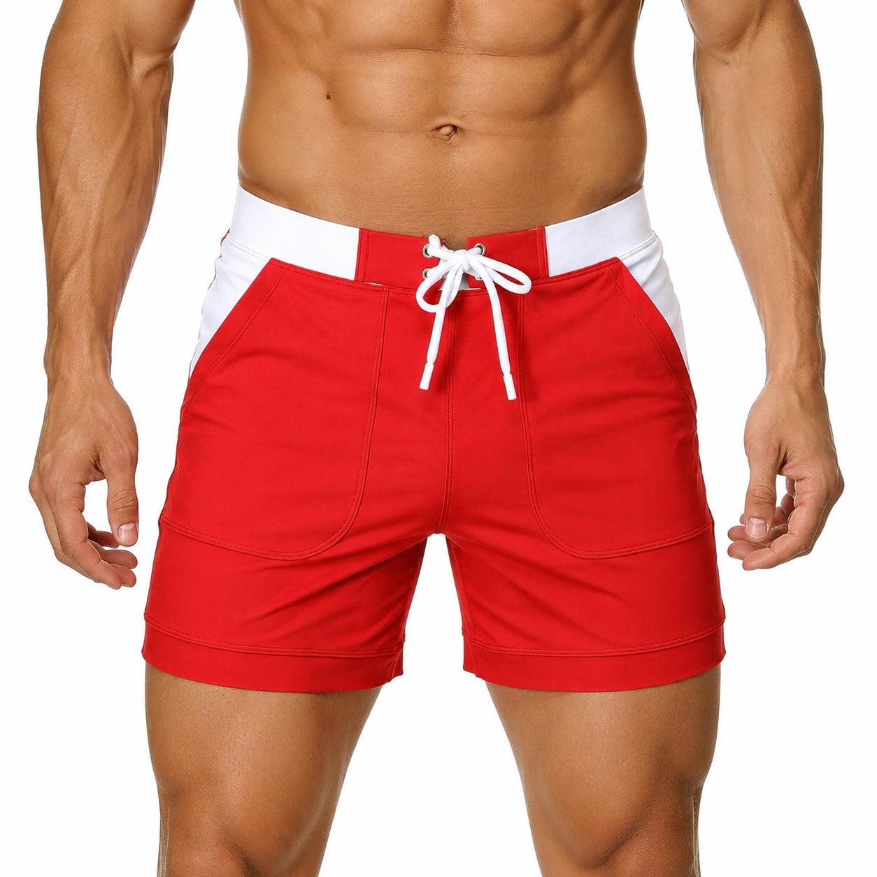 Herren Badeshorts XL Rot Weiß mit Kordelzug und Taschen