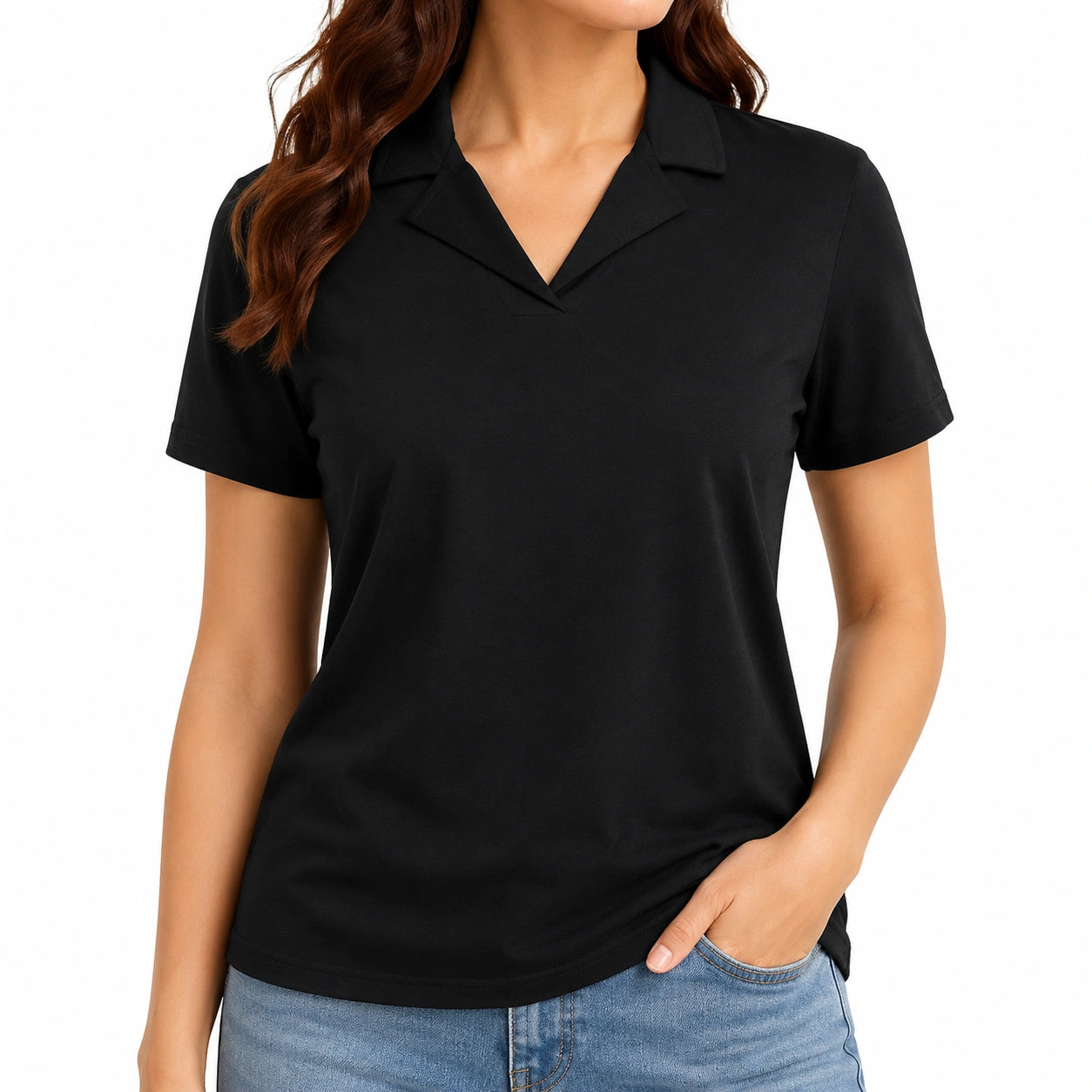 Damen Kurzarm Poloshirt Größe M aus Textil Schwarz mit Kragen leger