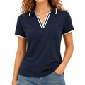 Damen Poloshirt L aus Textil in Marineblau Weiß mit V-Ausschnitt im sportlichen Stil