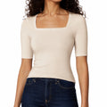 Damen T-Shirt Größe M in Creme aus Strick mit eckigem Ausschnitt