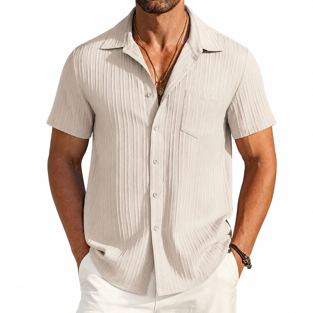 Herren Kurzarmhemd Größe M Beige mit Strukturstoff und Brusttasche