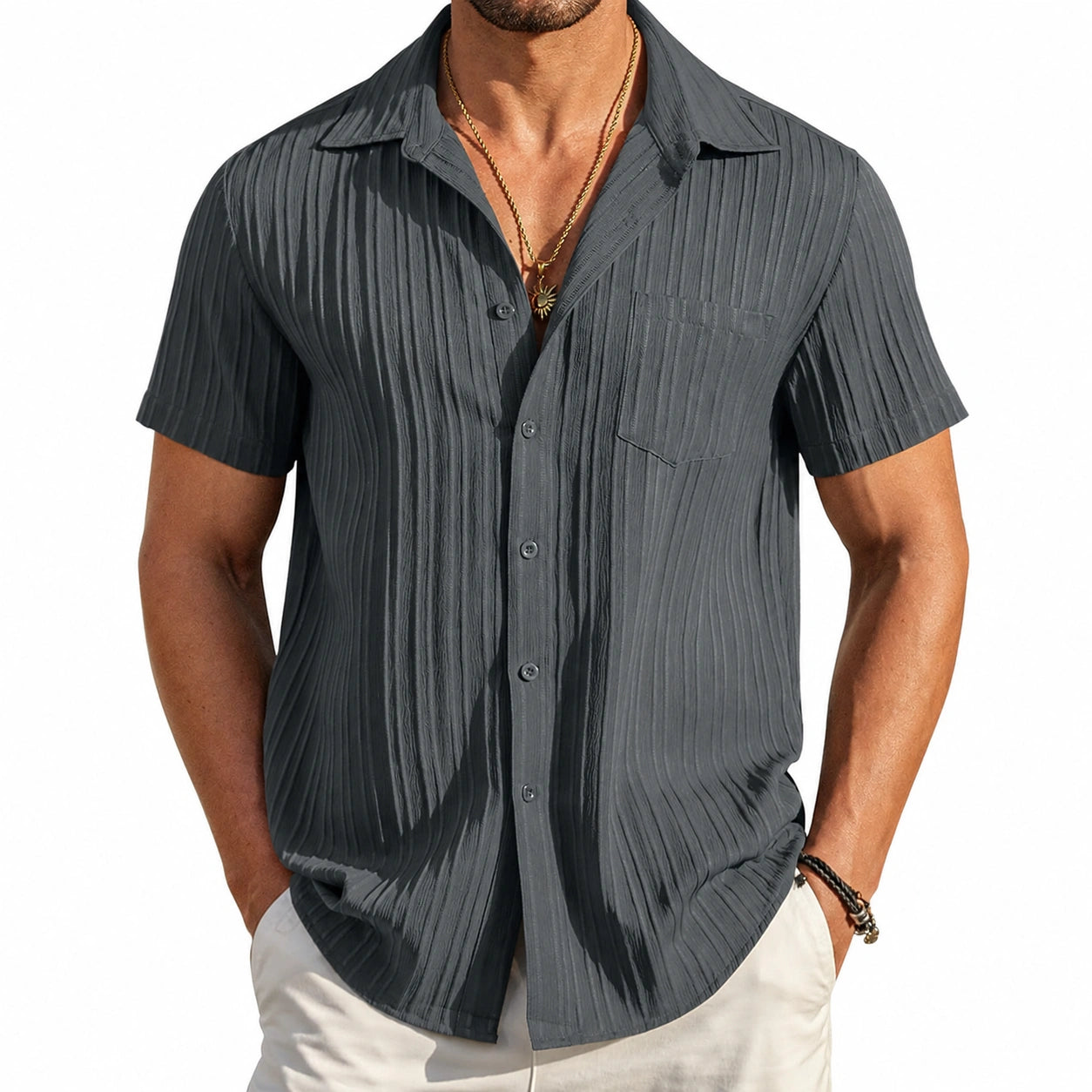 Herren Kurzarmhemd XL aus Textilgewebe Anthrazit mit Struktur und Brusttasche