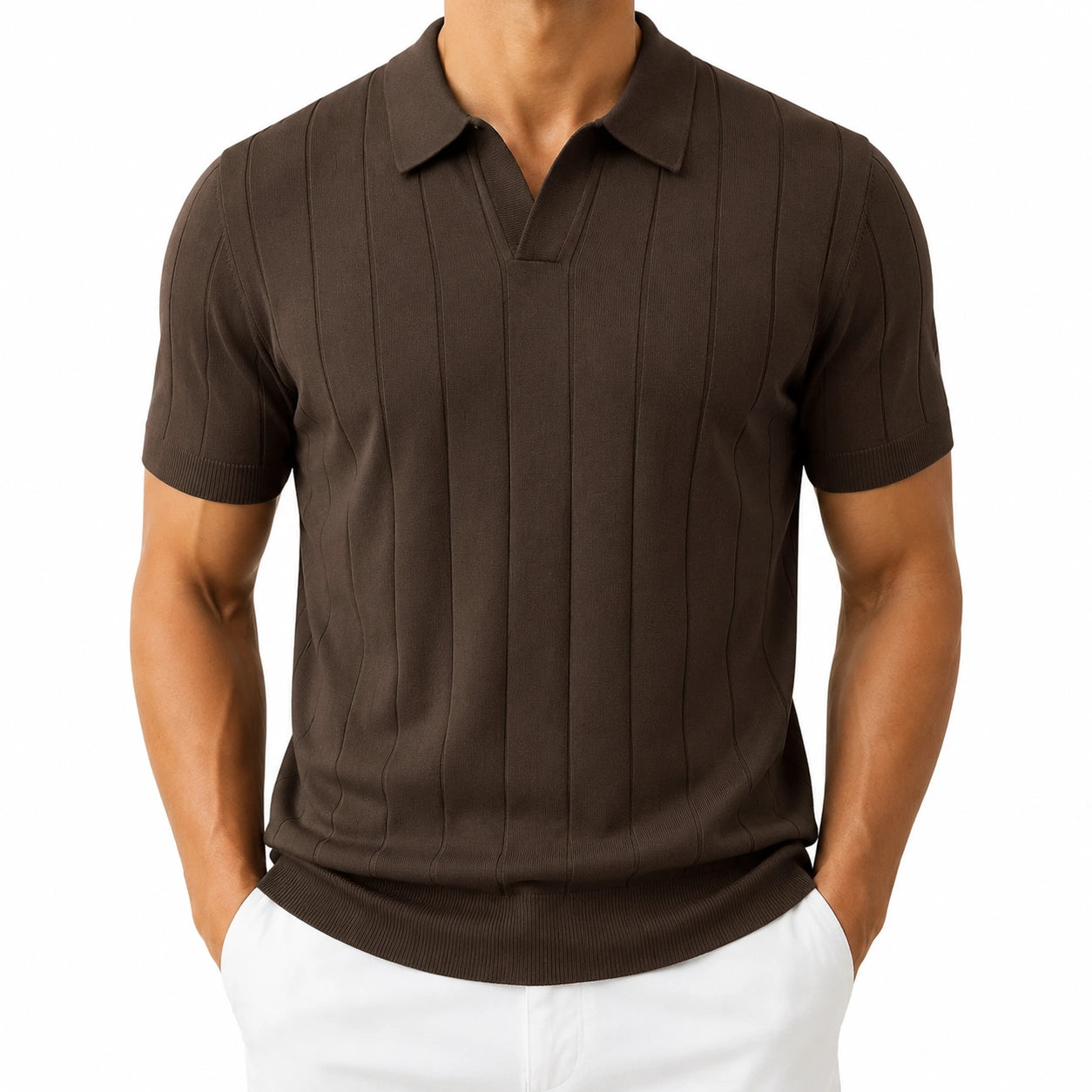 Herren Strickpolo XL Braun mit Kurzarm und Strukturmuster