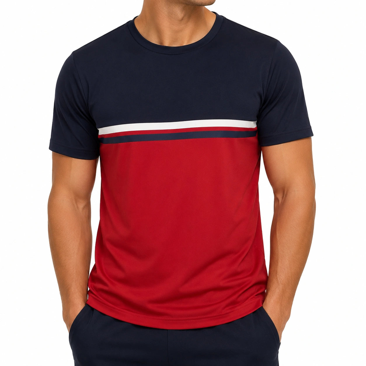 Herren T-Shirt Größe M aus Synthetik in Dunkelblau Rot mit Streifendetail