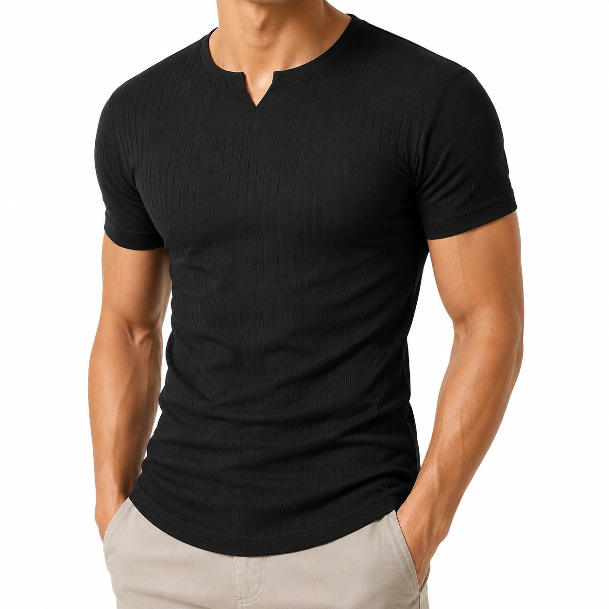 Herren T-Shirt XL Schwarz gerippt Kurzarm mit Kerbausschnitt figurbetont