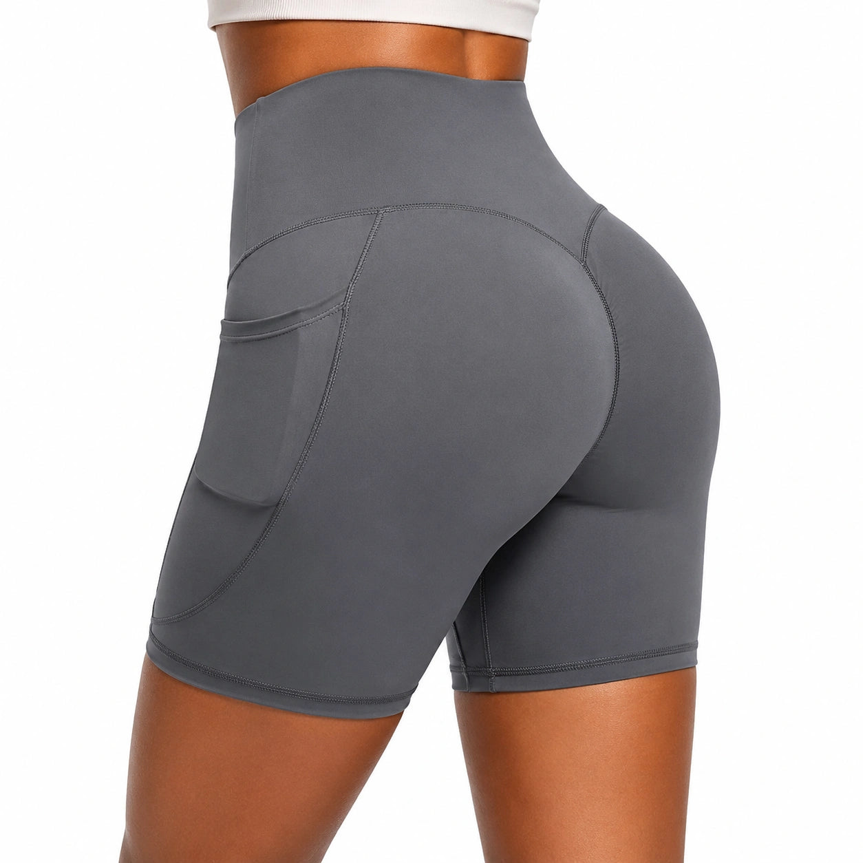 Damen Radlerhose Größe M aus elastischem Stoff in Dunkelgrau mit hoher Taille und Seitentasche