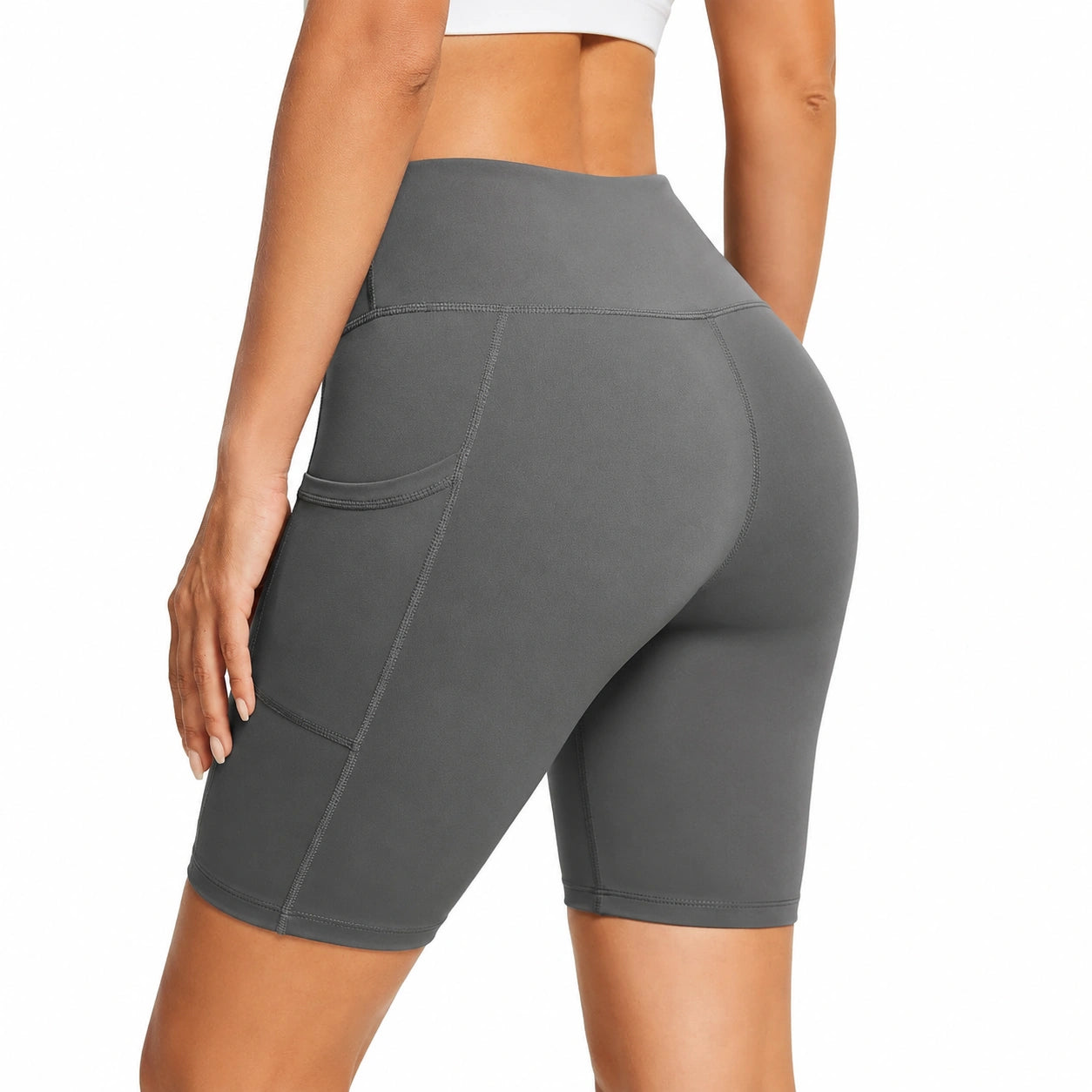 Damen Radlerhose L aus elastischem Synthetikmaterial in Dunkelgrau mit hoher Taille und Seitentasche
