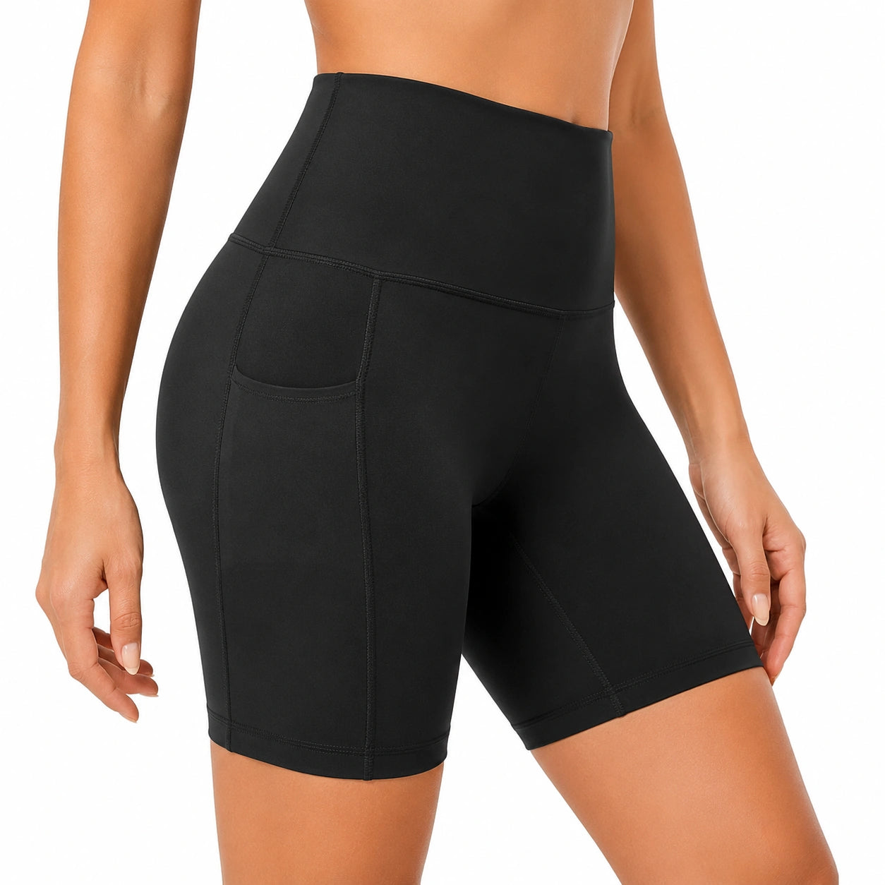 Damen Sportshorts Größe L aus elastischem Synthetikmaterial schwarz mit hohem Bund und Seitentasche