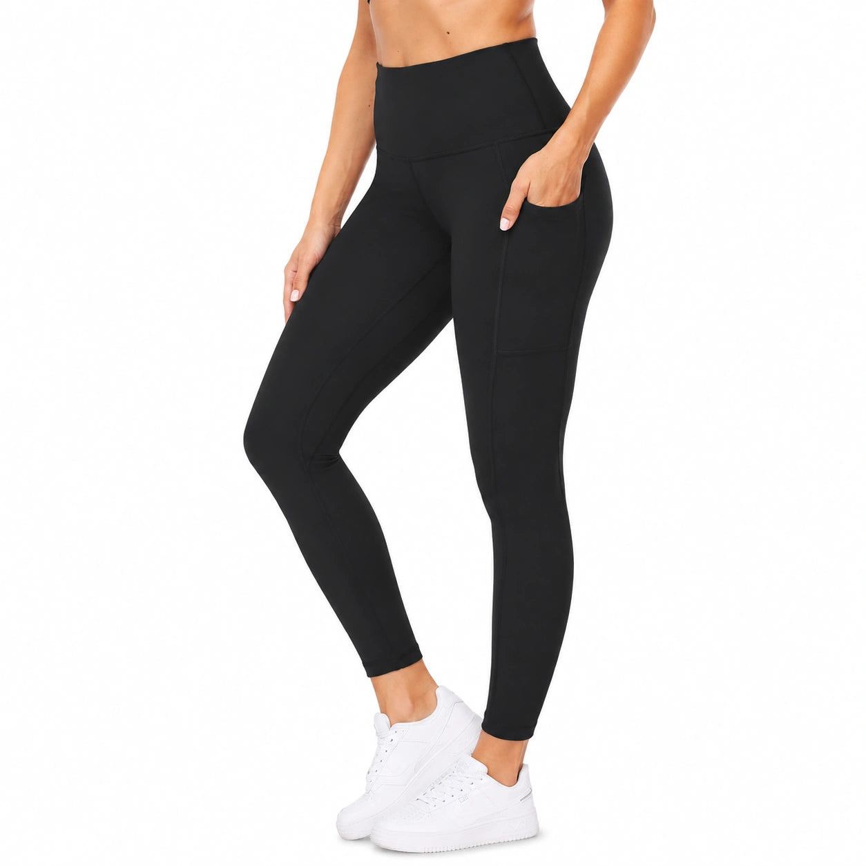 Damen Leggings M Schwarz elastisches Textilmaterial mit hoher Taille und Seitentasche