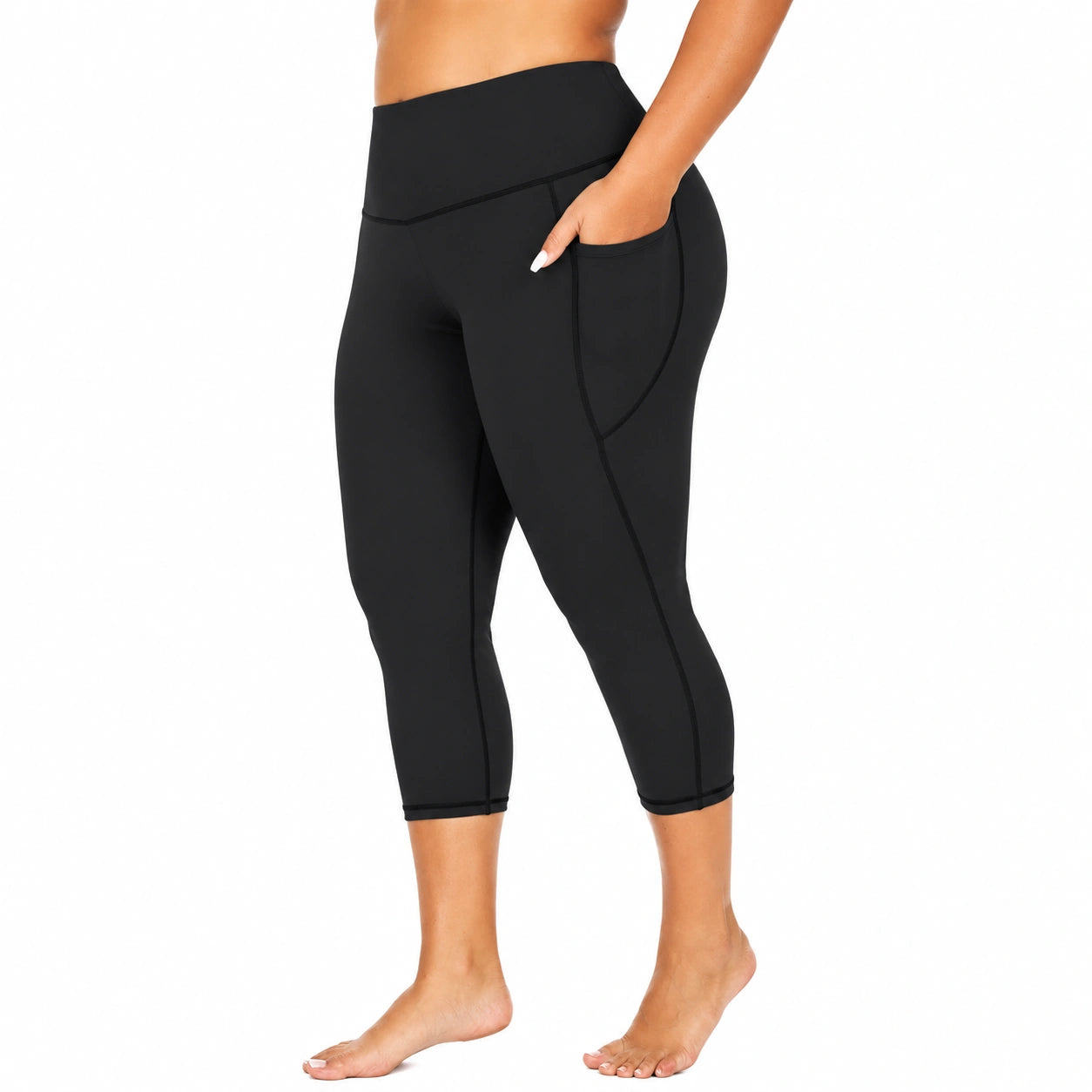 Damen Capri Leggings Größe L aus elastischem Synthetikgewebe in Schwarz mit hoher Taille und Seitentasche